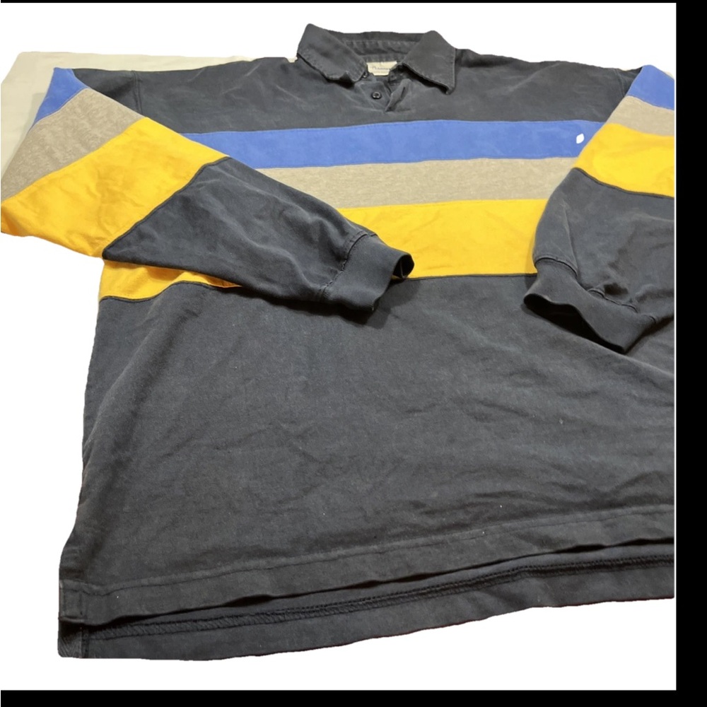 Vintage Blue Yellow Gray Rugby preppy 90s striped Collared shirt MEN LRG College
